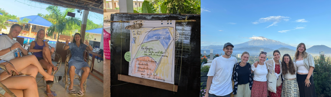 Collage Zwischensemninar: Links Drei Freiwillige beim Seminar, Mitte: Plakat des Seminars, Rechts: Die Freiwilligen vor dem Kilimandscharo